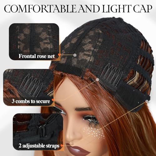 WIGER Long Straight Layered Auburn Hair Wig - Ombre Ginger Straight Wig, Copper Red Cosplay Full Wig for Women, Synthetic Colorful Non-Lace Hair for Daily or Costumes - görsel 16