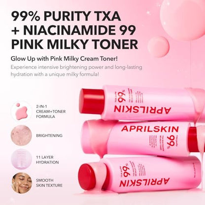 APRILSKIN TXA+Niacinamide 99 Pink Milky Toner | 99% High-Purity TXA 3% + Niacinamide 5% for Brightening | Highly Concentrated Cream Toner | Deep Moisturizing Formula for Dull Skin | 5.07 fl.oz.