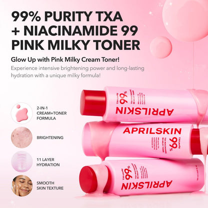 APRILSKIN TXA+Niacinamide 99 Pink Milky Toner | 99% High-Purity TXA 3% + Niacinamide 5% for Brightening | Highly Concentrated Cream Toner | Deep Moisturizing Formula for Dull Skin | 5.07 fl.oz.
