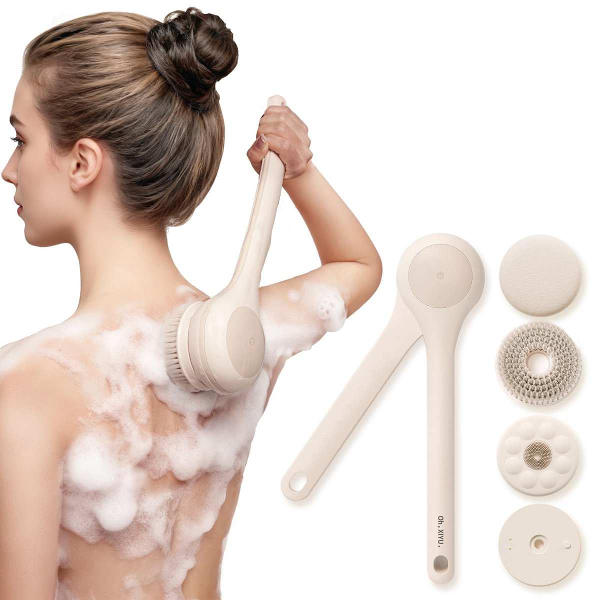Oh,XIYU. Electric Body Brush Back Scrubber for Shower - Waterproof Long Dual Handle Body Scrubber with 3 Heads, 2 Speeds, Chrysanth Pink Avelisse