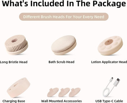 Oh,XIYU. Electric Body Brush Back Scrubber for Shower - Waterproof Long Dual Handle Body Scrubber with 3 Heads, 2 Speeds, Chrysanth Pink Avelisse