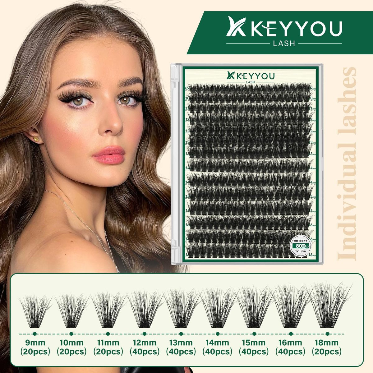 KEYYOU LASH Clusters 3D Effect Eyelash Clusters 280pcs 80D D Curl 9-18MIX Natural Soft DIY Lash Extension - görsel 3