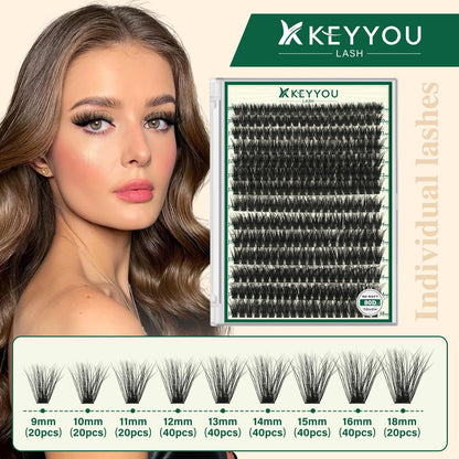 KEYYOU LASH Clusters 3D Effect Eyelash Clusters 280pcs 80D D Curl 9-18MIX Natural Soft DIY Lash Extension
