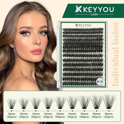 KEYYOU LASH Clusters 3D Effect Eyelash Clusters 280pcs 80D D Curl 9-18MIX Natural Soft DIY Lash Extension