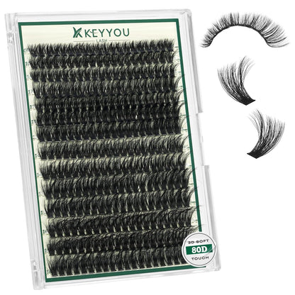 KEYYOU LASH Clusters 3D Effect Eyelash Clusters 280pcs 80D D Curl 9-18MIX Natural Soft DIY Lash Extension