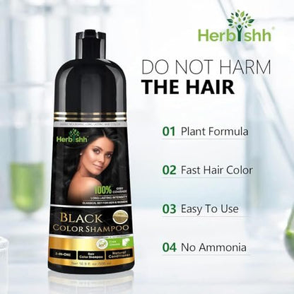 Herbishh Black Hair Color Shampoo - 3-In-1 Magic Dye for Gray Hair, 500ml + Essential Flower Hair Oil for Dry & Damaged Hair, 60ml