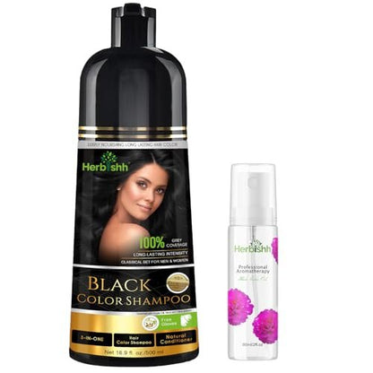 Herbishh Black Hair Color Shampoo - 3-In-1 Magic Dye for Gray Hair, 500ml + Essential Flower Hair Oil for Dry & Damaged Hair, 60ml