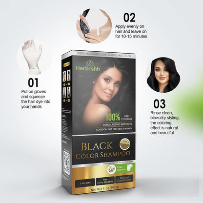 Herbishh Black Hair Color Shampoo - 3-In-1 Magic Dye for Gray Hair, 500ml + Essential Flower Hair Oil for Dry & Damaged Hair, 60ml