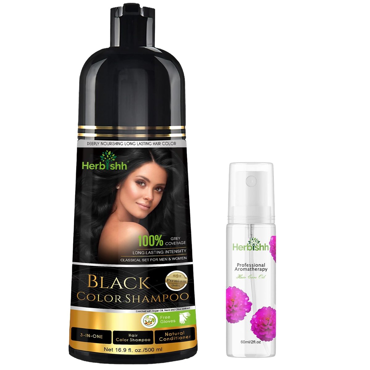 Herbishh Black Hair Color Shampoo - 3-In-1 Magic Dye for Gray Hair, 500ml + Essential Flower Hair Oil for Dry & Damaged Hair, 60ml - görsel 1