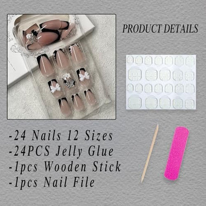ROFIBUT French Tip Press on Nails - Short Square Fake Nails with Bow Charms, Black White Zebra Print, Cute Small Flowers, Silver Star Rhinestones - 24 Pcs