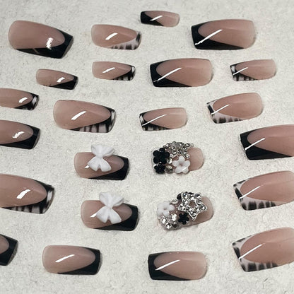 ROFIBUT French Tip Press on Nails - Short Square Fake Nails with Bow Charms, Black White Zebra Print, Cute Small Flowers, Silver Star Rhinestones - 24 Pcs