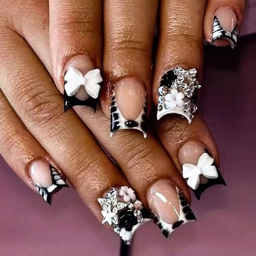 ROFIBUT French Tip Press on Nails - Short Square Fake Nails with Bow Charms, Black White Zebra Print, Cute Small Flowers, Silver Star Rhinestones - 24 Pcs - görsel 2