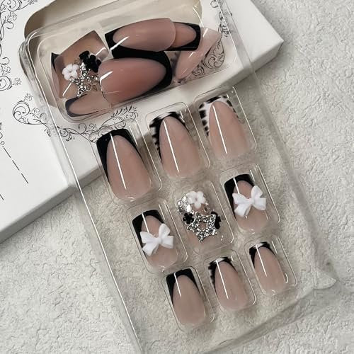 ROFIBUT French Tip Press on Nails - Short Square Fake Nails with Bow Charms, Black White Zebra Print, Cute Small Flowers, Silver Star Rhinestones - 24 Pcs - görsel 10