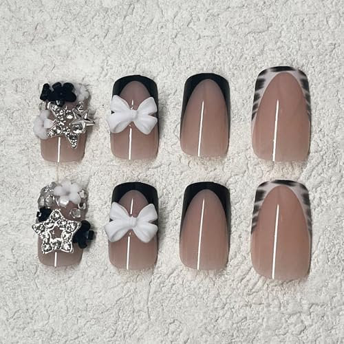 ROFIBUT French Tip Press on Nails - Short Square Fake Nails with Bow Charms, Black White Zebra Print, Cute Small Flowers, Silver Star Rhinestones - 24 Pcs - görsel 6