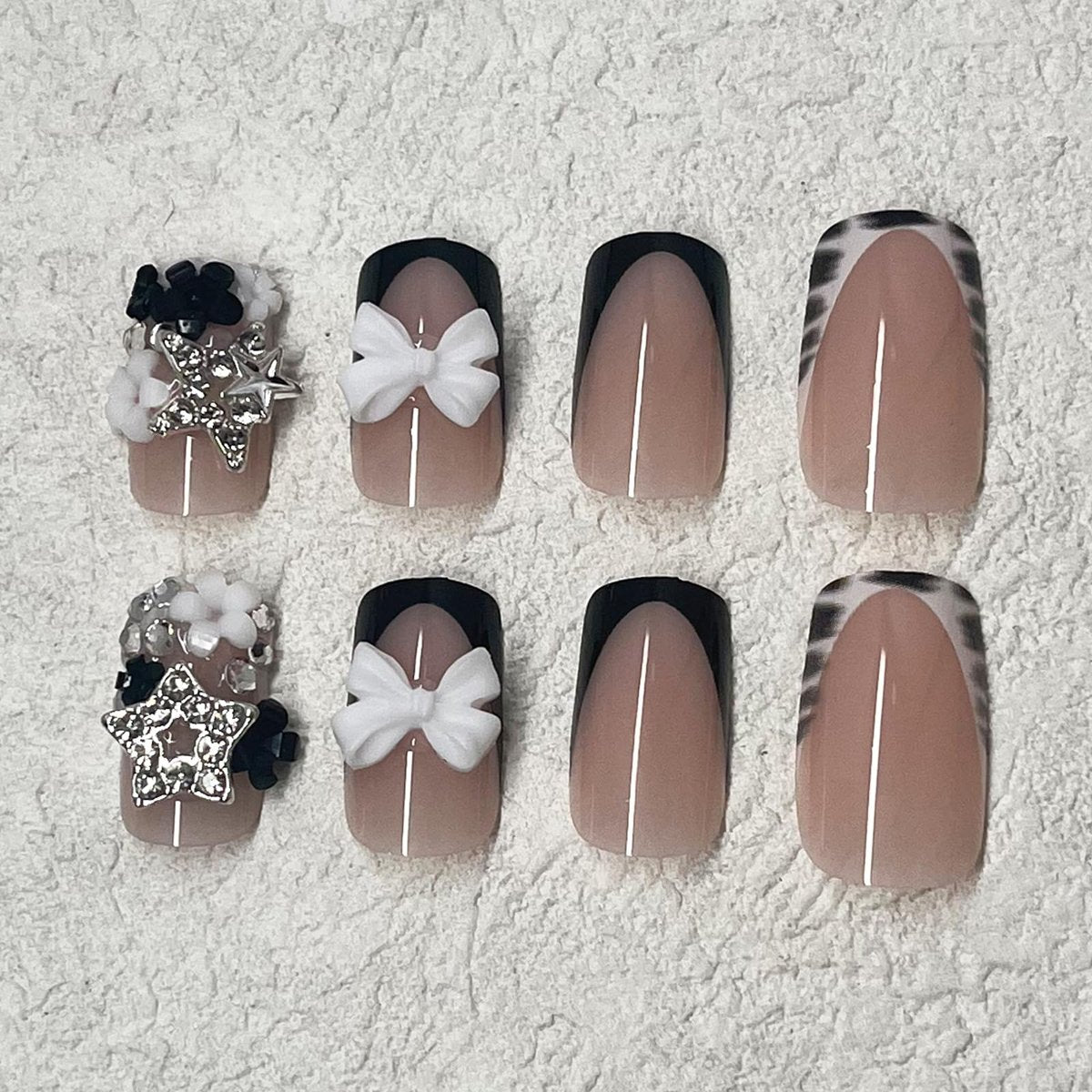 ROFIBUT French Tip Press on Nails - Short Square Fake Nails with Bow Charms, Black White Zebra Print, Cute Small Flowers, Silver Star Rhinestones - 24 Pcs - görsel 5