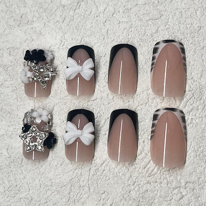 ROFIBUT French Tip Press on Nails - Short Square Fake Nails with Bow Charms, Black White Zebra Print, Cute Small Flowers, Silver Star Rhinestones - 24 Pcs