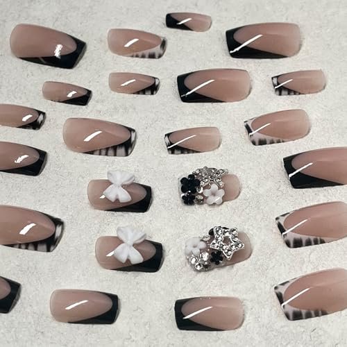 ROFIBUT French Tip Press on Nails - Short Square Fake Nails with Bow Charms, Black White Zebra Print, Cute Small Flowers, Silver Star Rhinestones - 24 Pcs - görsel 8