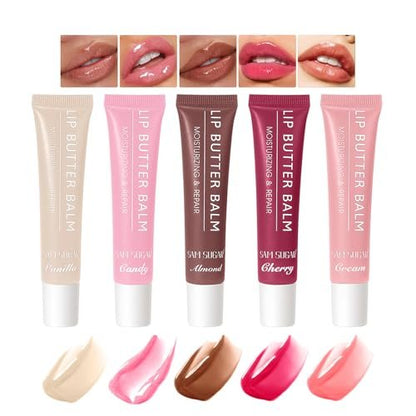 Bekoeen 5 Colors Butter Lip Balm Hydrating Lip Gloss, High Shine Nude Lip Tint Finish Lip Glow Oil, Lip Care Makeup Gift for Women