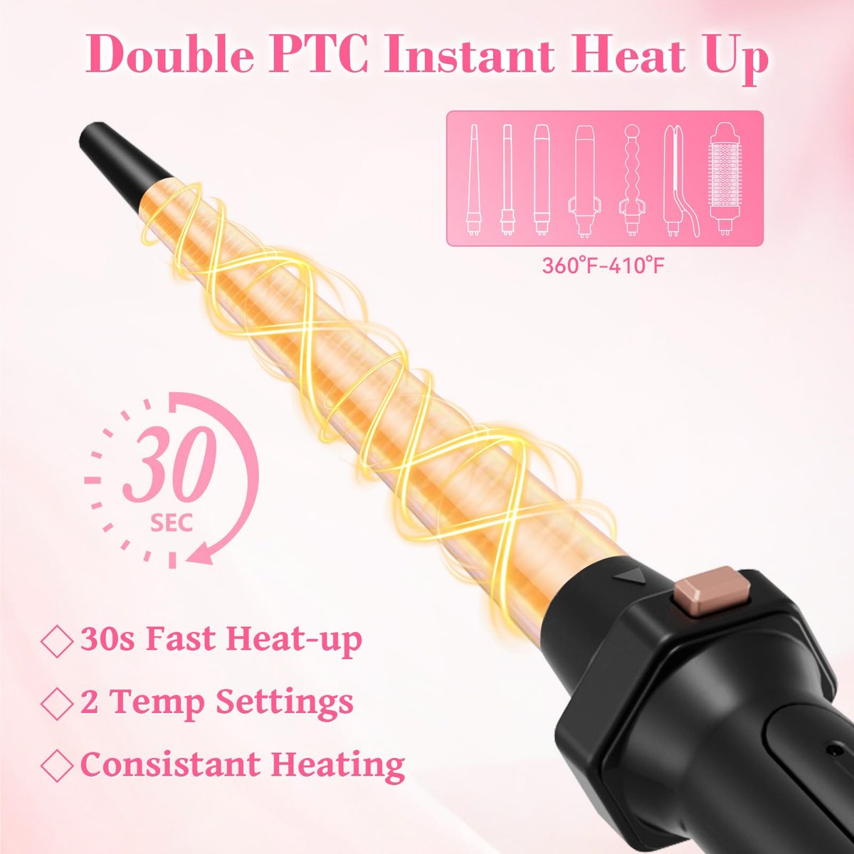 Ufree 7-in-1 Curling Iron Set with Interchangeable Ceramic Barrels, Thermal Brush, Straightener & Wand - Rose Gold Avelisse