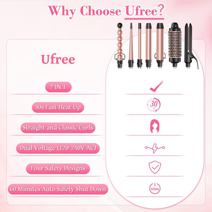 Ufree 7-in-1 Curling Iron Set with Interchangeable Ceramic Barrels, Thermal Brush, Straightener & Wand - Rose Gold Avelisse