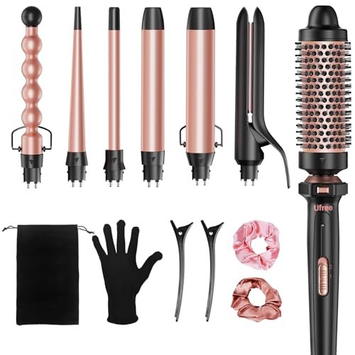 Ufree 7-in-1 Curling Iron Set with Interchangeable Ceramic Barrels, Thermal Brush, Straightener & Wand - Rose Gold Avelisse