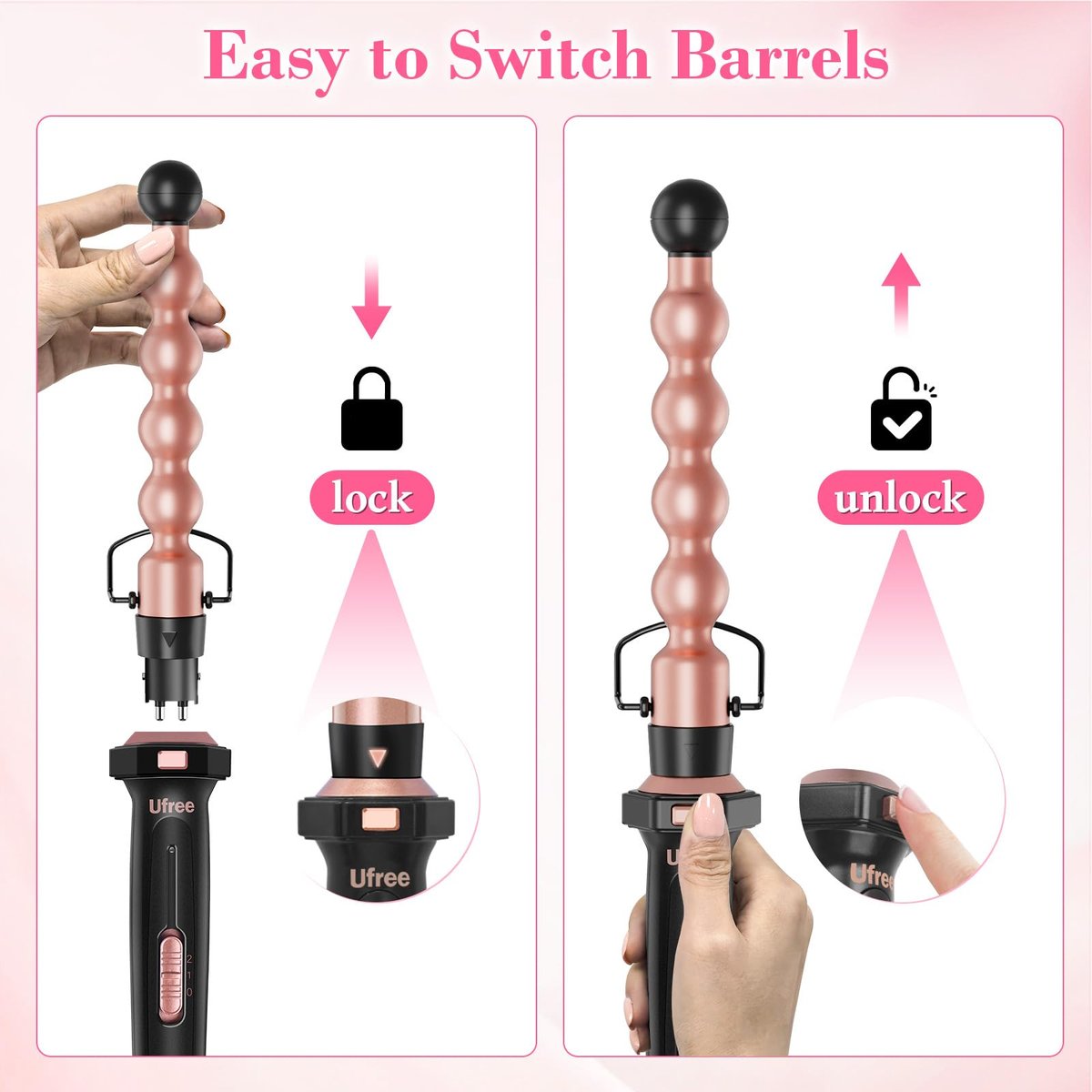 Ufree 7-in-1 Curling Iron Set with Interchangeable Ceramic Barrels, Thermal Brush, Straightener & Wand - Rose Gold Avelisse