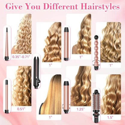 Ufree 7-in-1 Curling Iron Set with Interchangeable Ceramic Barrels, Thermal Brush, Straightener & Wand - Rose Gold Avelisse
