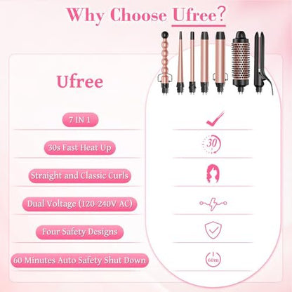 Ufree 7-in-1 Curling Iron Set with Interchangeable Ceramic Barrels, Thermal Brush, Straightener & Wand - Rose Gold Avelisse