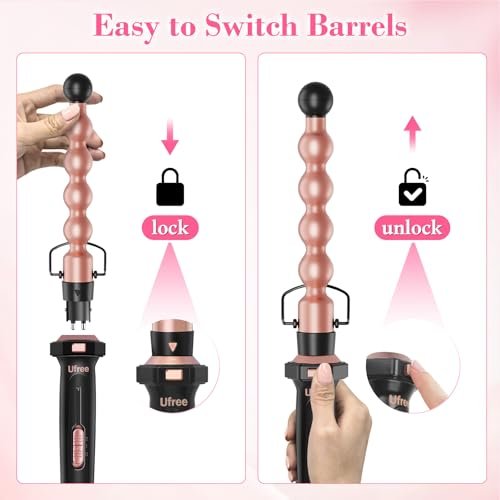 Ufree 7-in-1 Curling Iron Set with Interchangeable Ceramic Barrels, Thermal Brush, Straightener & Wand - Rose Gold Avelisse