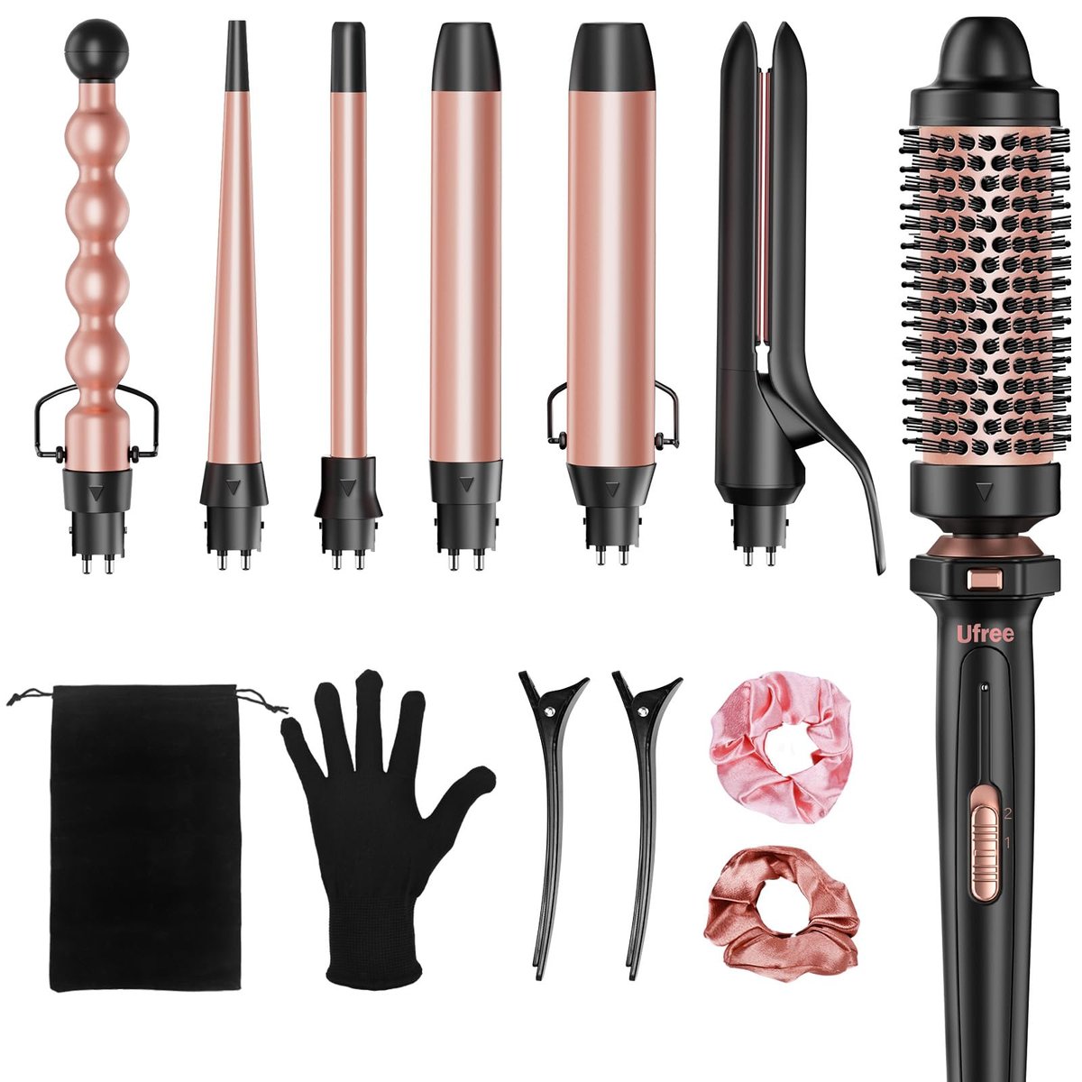 Ufree 7-in-1 Curling Iron Set with Interchangeable Ceramic Barrels, Thermal Brush, Straightener & Wand - Rose Gold Avelisse