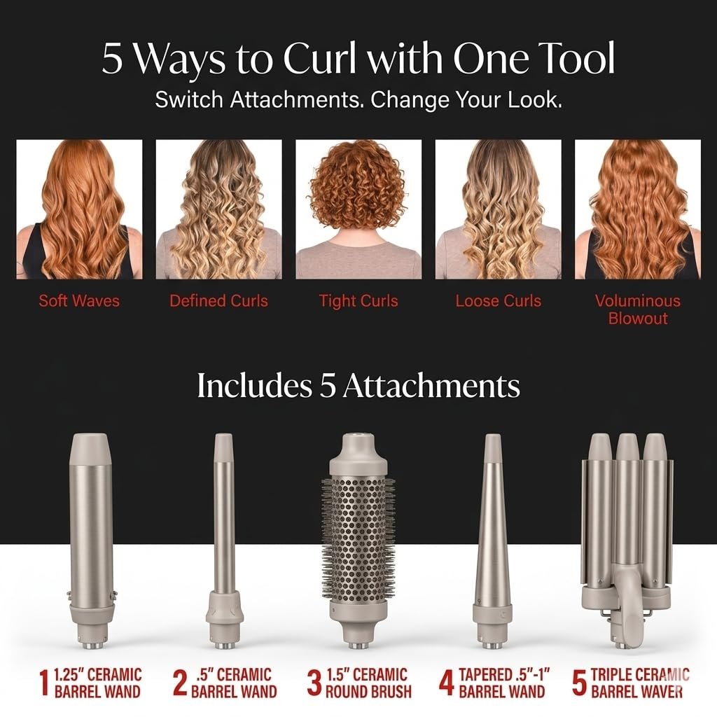 Remington 5-in-1 Curling Wand Set – Interchangeable Ceramic Curling Iron for Beach Waves, Loose & Tight Curls, Multi Styler Hair Tool, Fast Heat, Salon Results at Home Avelisse