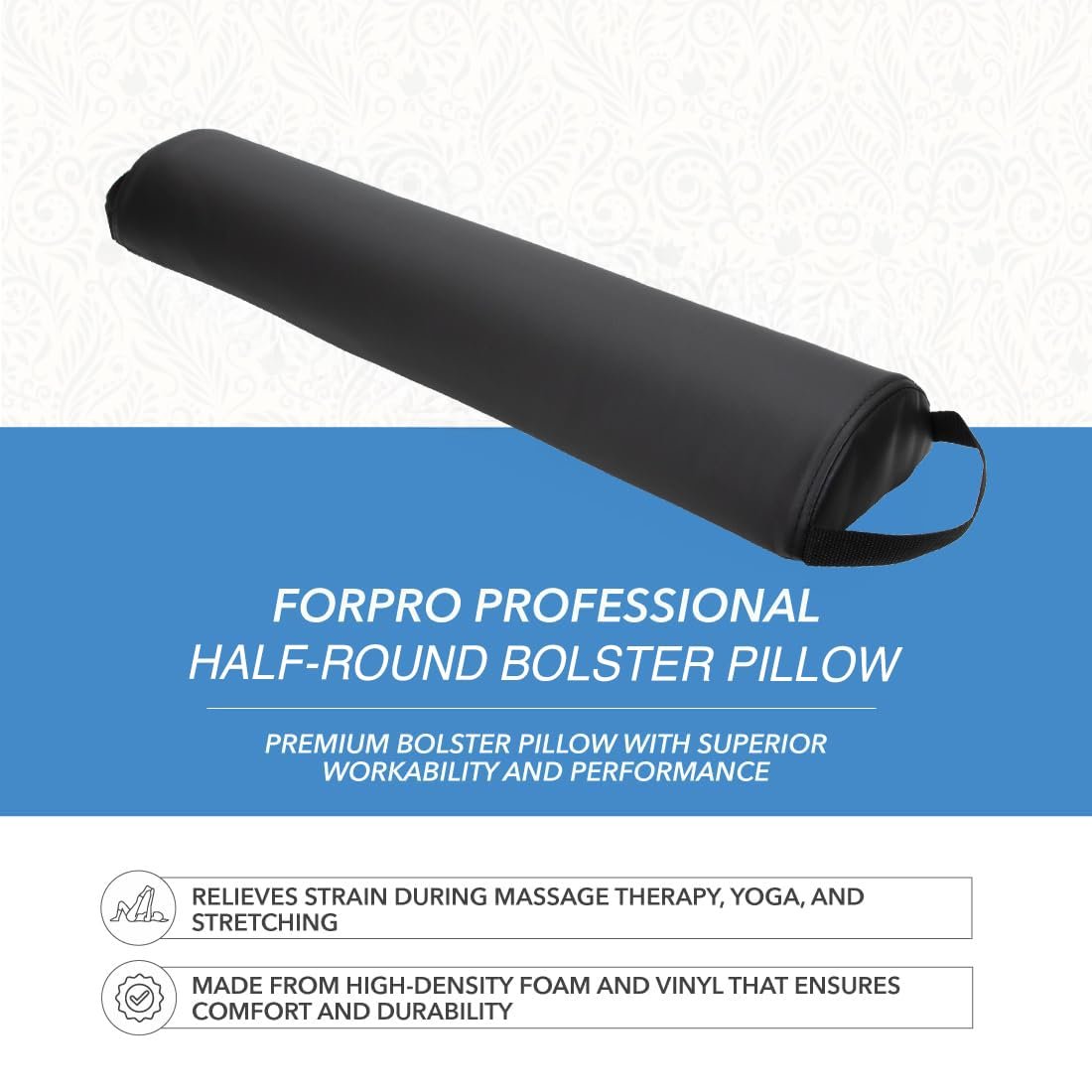 ForPro Premium Half-Round Bolster Pillow for Massage and Yoga - Oil and Stain-Resistant, 6"W x 3"H x 26"L, Black Avelisse