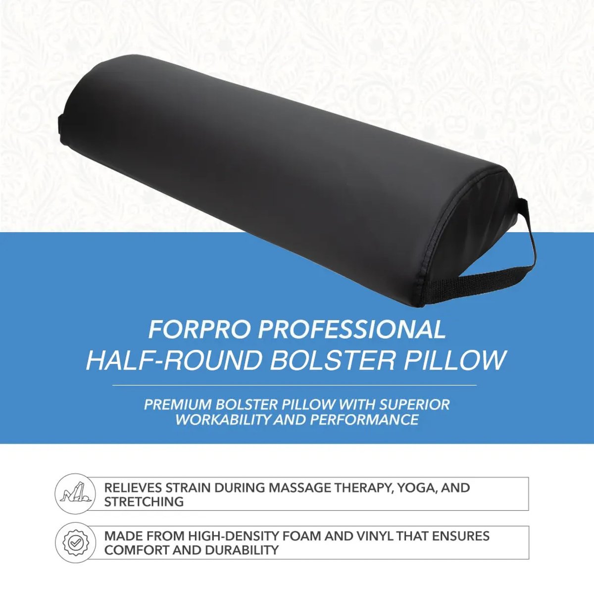 ForPro Premium Jumbo Half-Round Bolster Pillow – Black, 9”W x 4.5”H x 26”L, Oil & Stain-Resistant for Massage & Yoga Avelisse