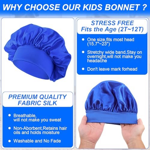 3 Pcs Satin Kid Bonnets for Curly Hair - Silk Sleeping Hat for Boys & Girls - Elastic Wide Band Bonnet Sleep Cap for Children Natural Long Short Hair Overnight - görsel 6