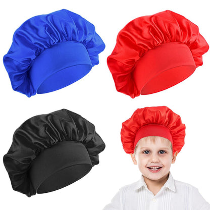 3 Pcs Satin Kid Bonnets for Curly Hair - Silk Sleeping Hat for Boys & Girls - Elastic Wide Band Bonnet Sleep Cap for Children Natural Long Short Hair Overnight