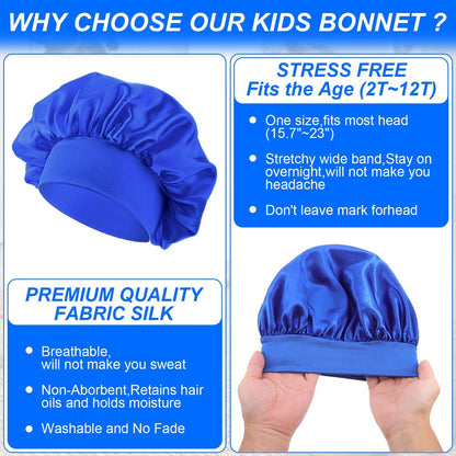 3 Pcs Satin Kid Bonnets for Curly Hair - Silk Sleeping Hat for Boys & Girls - Elastic Wide Band Bonnet Sleep Cap for Children Natural Long Short Hair Overnight