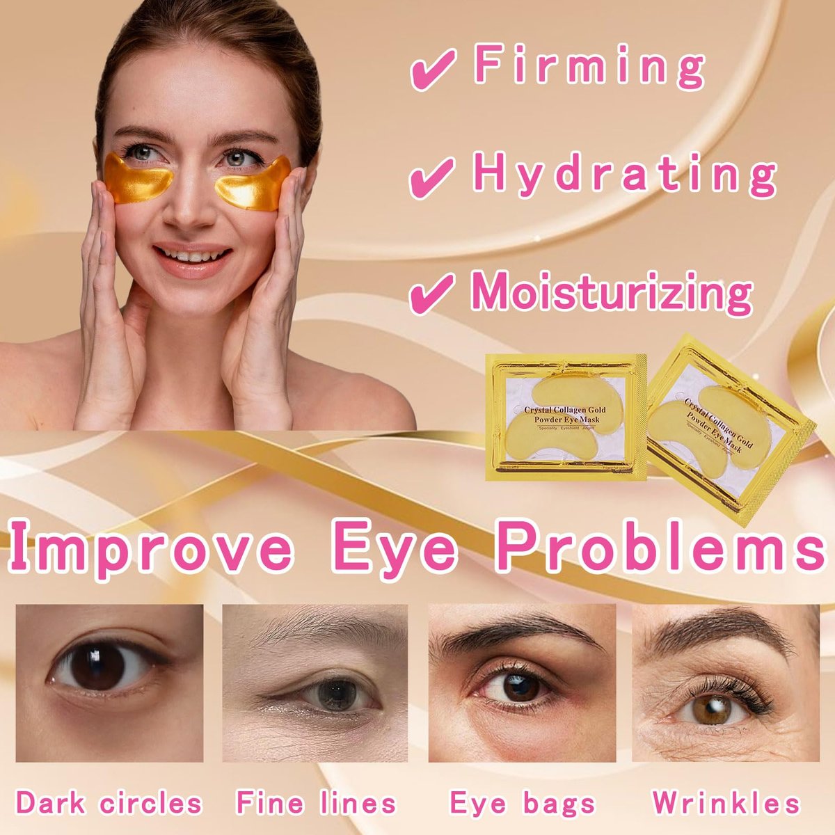 40 Pairs Eye Mask & Lip Mask - 24K Gold Gel Crystal Collagen Under Eye Patches for Dark Circles, Bachelorette Party Favors, Galentines Day Gifts, Bulk Bridesmaid Gifts - görsel 3