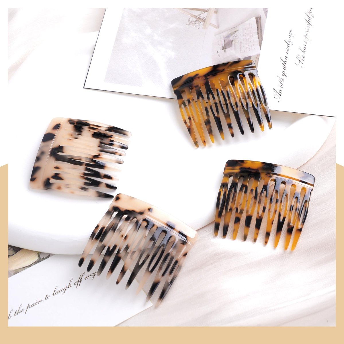 Vintage French Side Comb Set for Bun Chignon Up-Do - 4 Pcs, 2 Colors, Cellulose Acetate Hair Combs for Women - görsel 11
