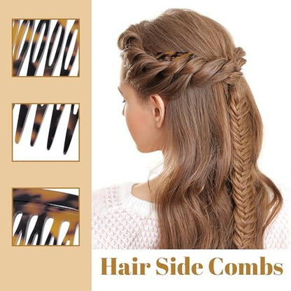 Vintage French Side Comb Set for Bun Chignon Up-Do - 4 Pcs, 2 Colors, Cellulose Acetate Hair Combs for Women