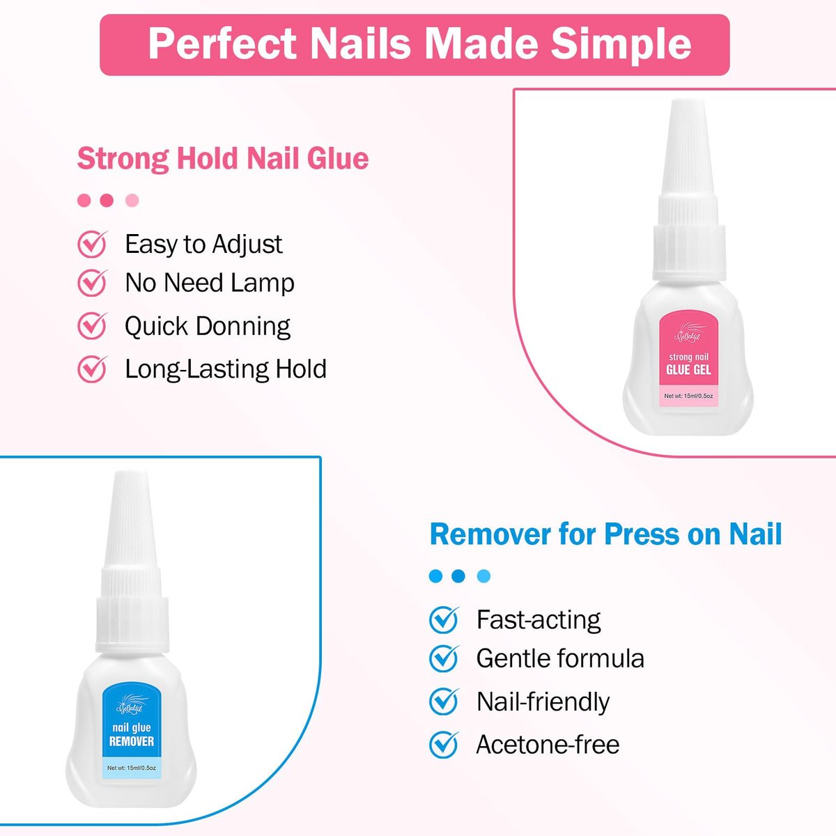 GELLAKTIK Quick Drying Super Strong Nail Glue Gel 15g + Nail Glue Remover 15ml - No UV Lamp Needed, Long Lasting Over 30 Days, Dropper-Type Remover for Press On Nails Avelisse