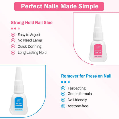 GELLAKTIK Quick Drying Super Strong Nail Glue Gel 15g + Nail Glue Remover 15ml - No UV Lamp Needed, Long Lasting Over 30 Days, Dropper-Type Remover for Press On Nails Avelisse