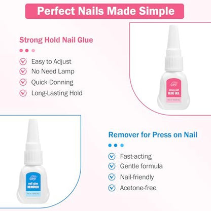 GELLAKTIK Quick Drying Super Strong Nail Glue Gel 15g + Nail Glue Remover 15ml - No UV Lamp Needed, Long Lasting Over 30 Days, Dropper-Type Remover for Press On Nails Avelisse