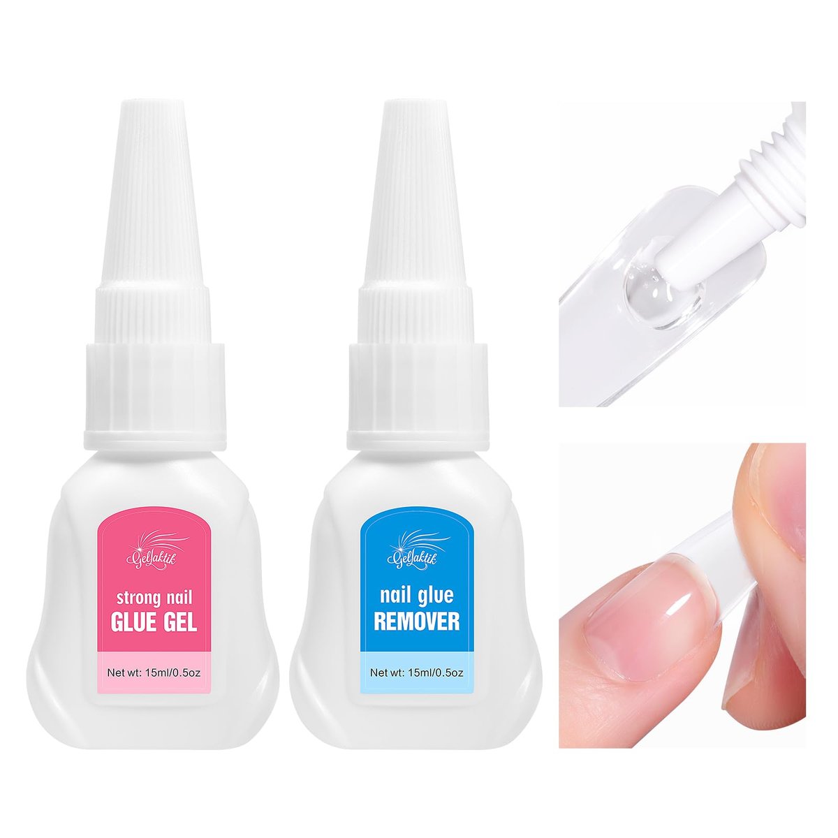 GELLAKTIK Quick Drying Super Strong Nail Glue Gel 15g + Nail Glue Remover 15ml - No UV Lamp Needed, Long Lasting Over 30 Days, Dropper-Type Remover for Press On Nails Avelisse