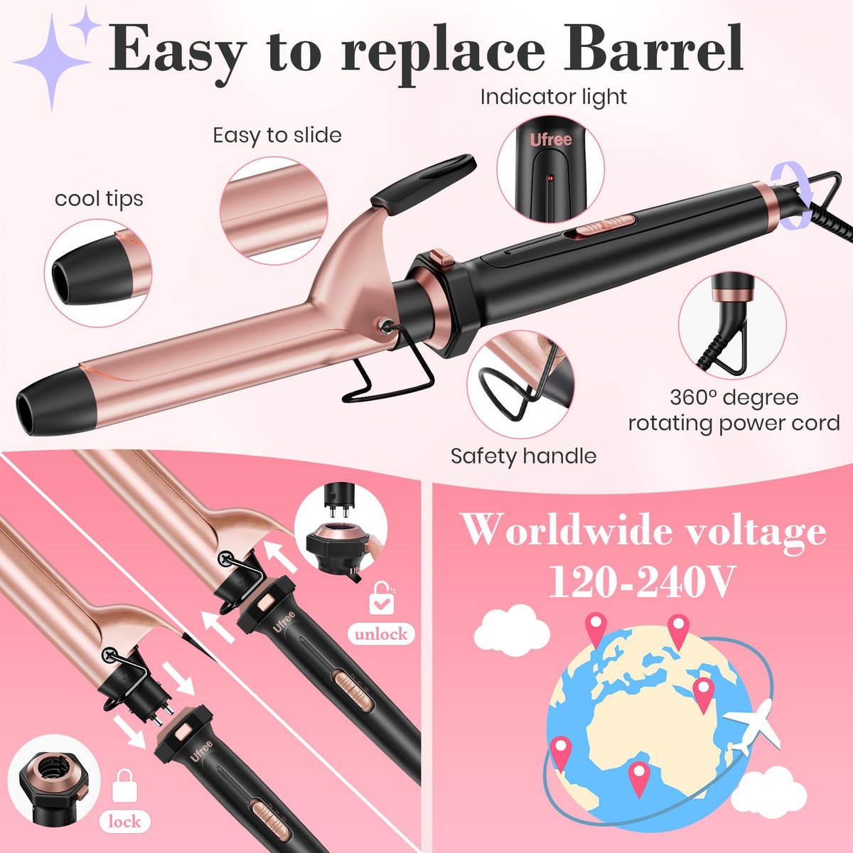 Ufree 3 in 1 Curling Iron Set - Curling Wand with Thermal Brush & Flat Iron, Dual Voltage, Ceramic Hair Curler for Women (Rose Gold) Avelisse