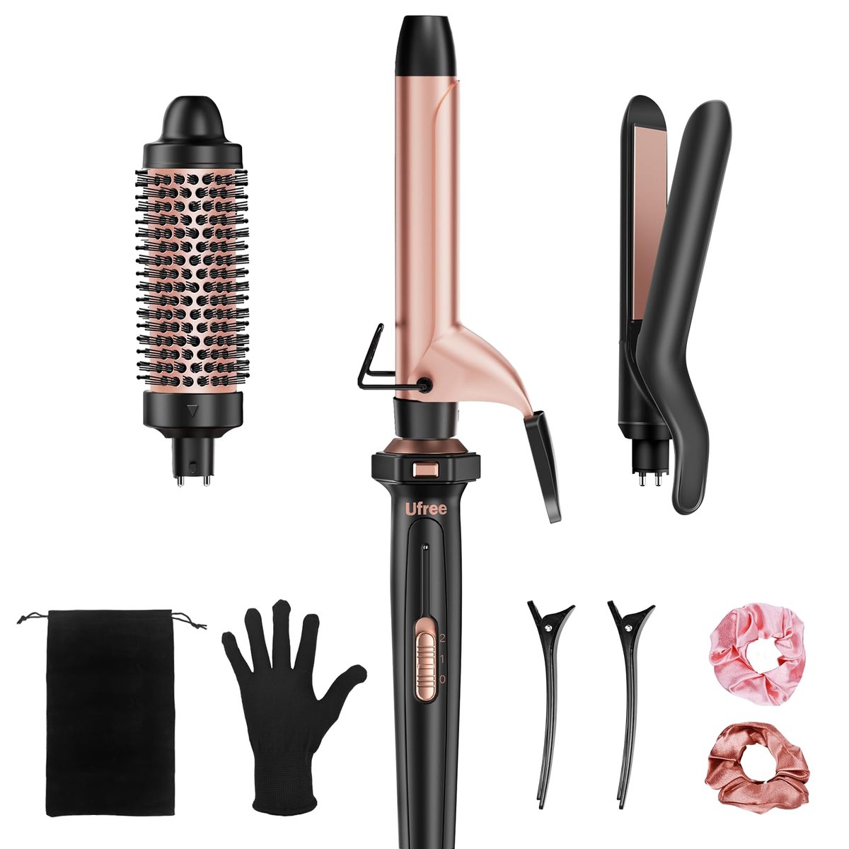 Ufree 3 in 1 Curling Iron Set - Curling Wand with Thermal Brush & Flat Iron, Dual Voltage, Ceramic Hair Curler for Women (Rose Gold) Avelisse