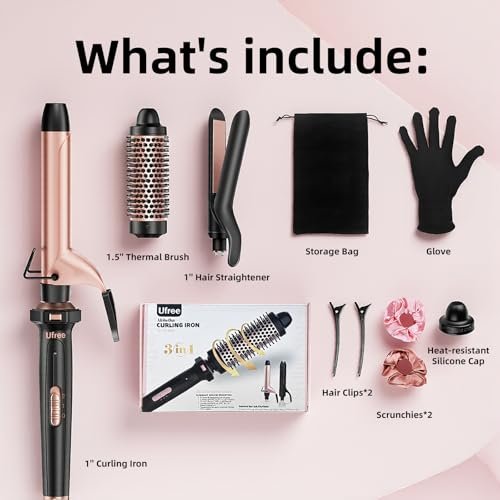 Ufree 3 in 1 Curling Iron Set - Curling Wand with Thermal Brush & Flat Iron, Dual Voltage, Ceramic Hair Curler for Women (Rose Gold) Avelisse