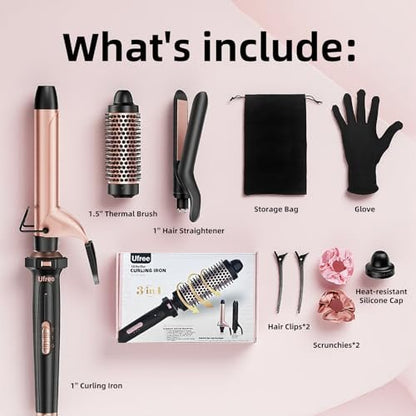 Ufree 3 in 1 Curling Iron Set - Curling Wand with Thermal Brush & Flat Iron, Dual Voltage, Ceramic Hair Curler for Women (Rose Gold) Avelisse