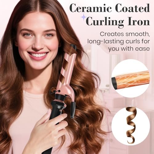 Ufree 3 in 1 Curling Iron Set - Curling Wand with Thermal Brush & Flat Iron, Dual Voltage, Ceramic Hair Curler for Women (Rose Gold) Avelisse