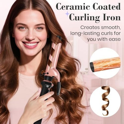Ufree 3 in 1 Curling Iron Set - Curling Wand with Thermal Brush & Flat Iron, Dual Voltage, Ceramic Hair Curler for Women (Rose Gold) Avelisse