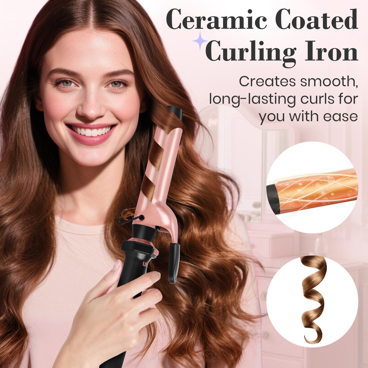 Ufree 3 in 1 Curling Iron Set - Curling Wand with Thermal Brush & Flat Iron, Dual Voltage, Ceramic Hair Curler for Women (Rose Gold) Avelisse